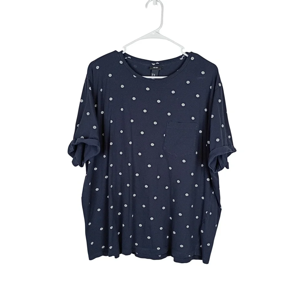 H&M Womens XXL Navy Blue Feather Polka Dot Pocket T-Shirt Rolled Sleeve